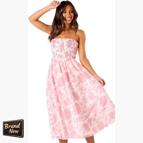 Strapless Midi Dress with Shirred Bodice and A-Line Skirt Strapless Midi Dress with Shirred Bodice and A-Line Skirt